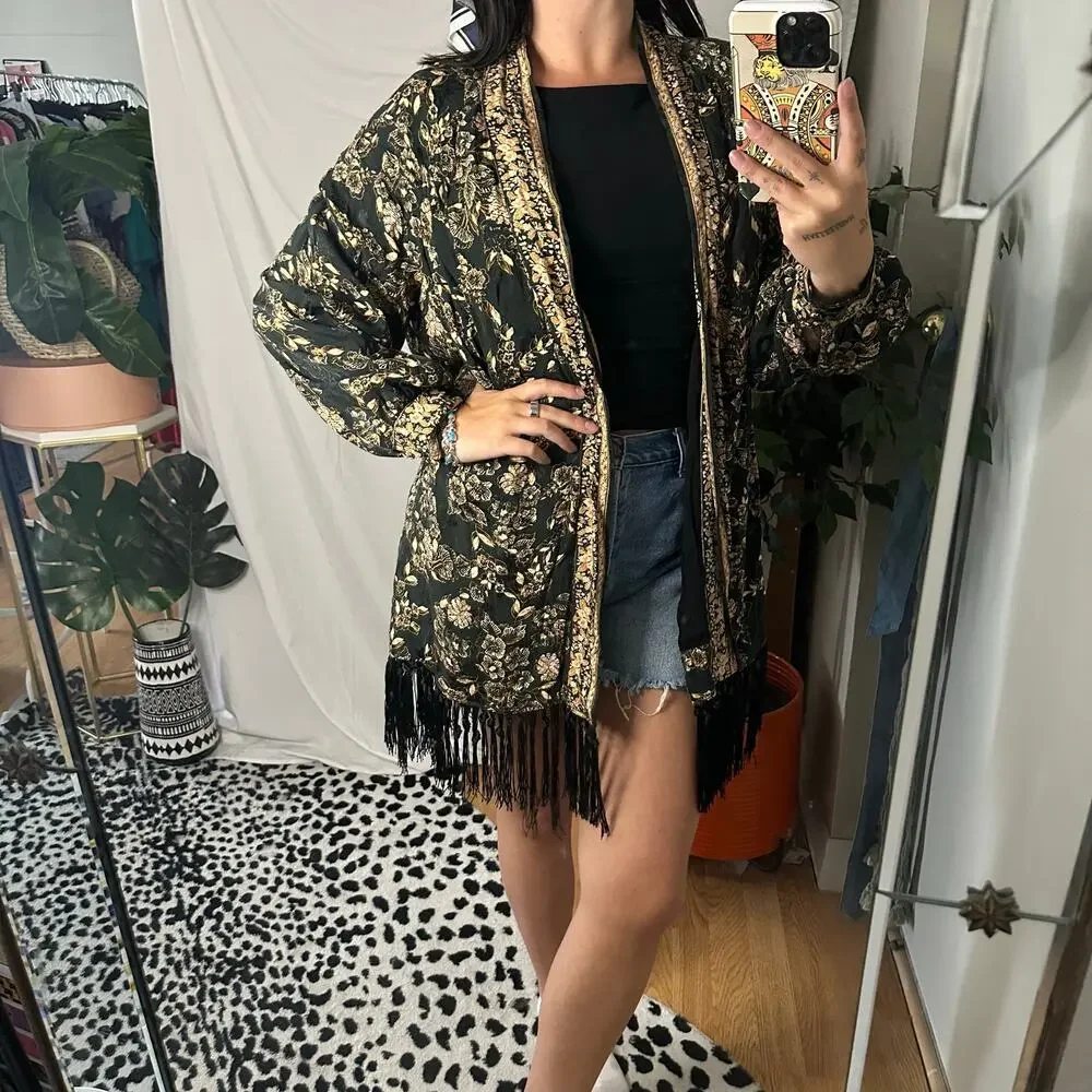 Free People Kaelin Floral Print Embroidered Kimono Jacket Black Gold Size XS